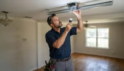 Electrician inspects ceiling box support for fan installation in a Baton Rouge, LA home