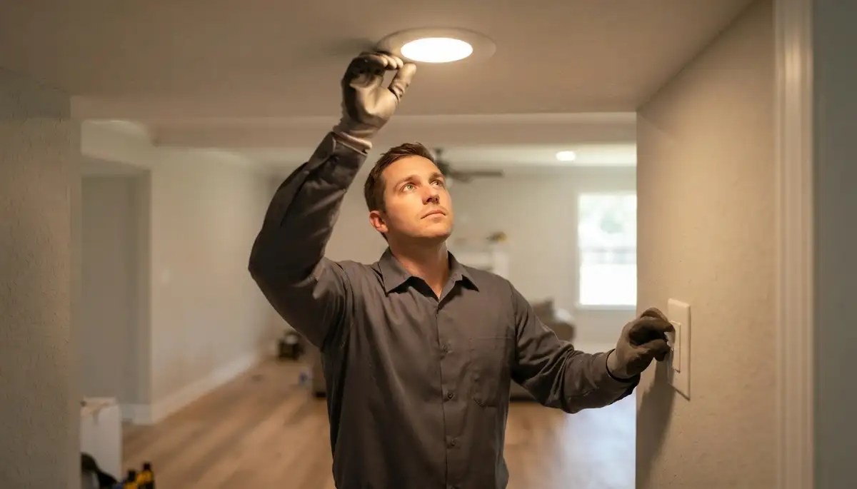 Baton Rouge, LA electrician aims a new light fixture and tests its switch and dimmer controls