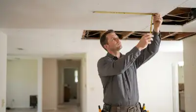 Technician measuring ceiling locations for fire alarm devices in a Baton Rouge, LA home
