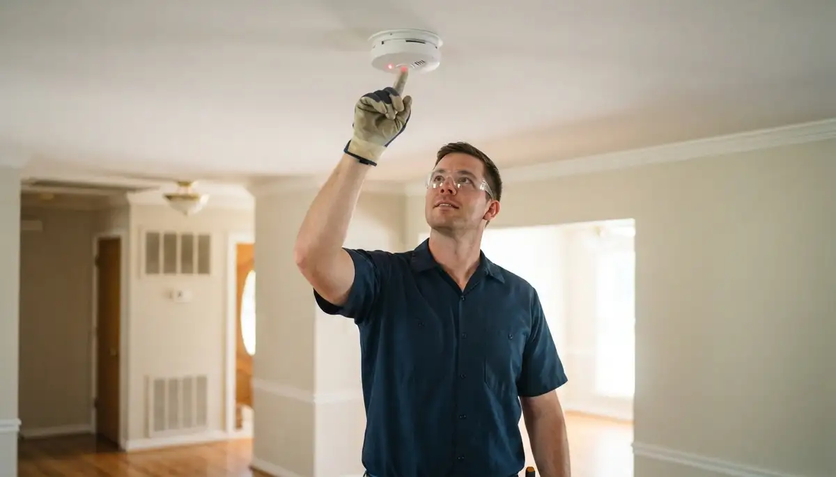 Baton Rouge, LA electrician tests an interconnected ceiling smoke detector system in a home