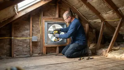 Electrician mounts an attic fan and wiring in a Baton Rouge, LA gable opening