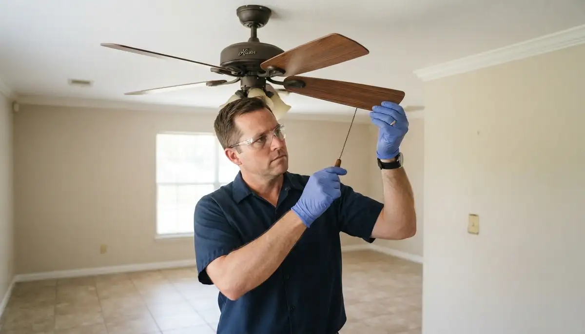Electrician balances a ceiling fan blade during installation in Baton Rouge, LA homes