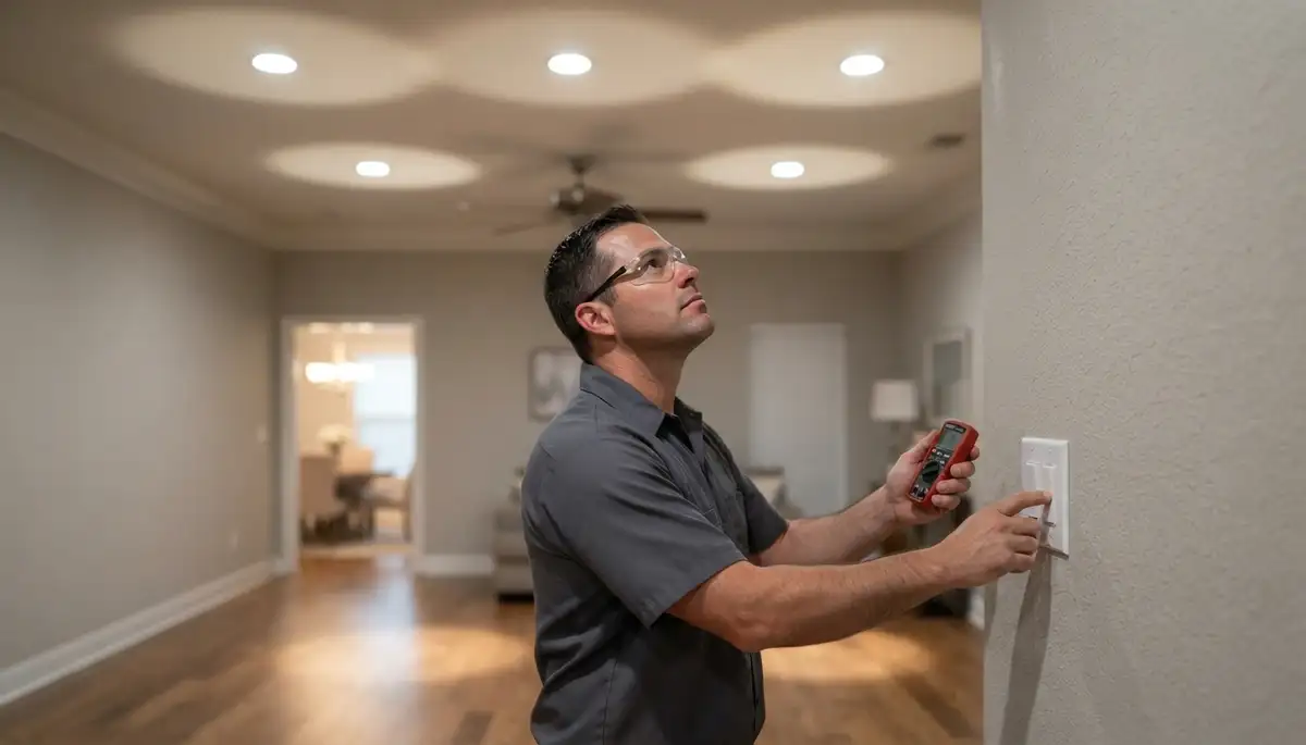 Baton Rouge electrician tests recessed lighting beams and dimmer controls for even, flicker-free illumination