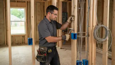 Baton Rouge electrician fastening electrical boxes and pulling cable through studs for new construction wiring