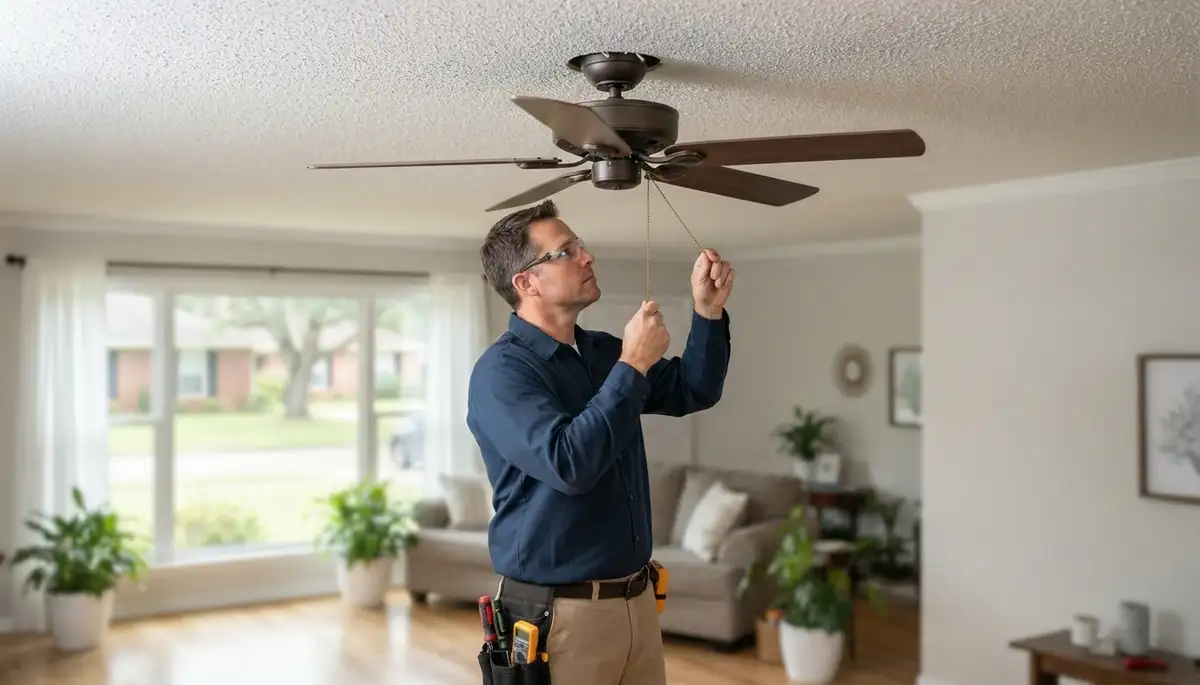 Electrician installing a ceiling fan with a fan-rated brace in Saint Gabriel, LA