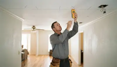 Baton Rouge electrician marks ceiling joists for recessed lighting installation with a stud finder and chalk lines