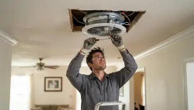 Electrician installs a whole-house fan ceiling unit and insulated damper in a Baton Rouge, LA home