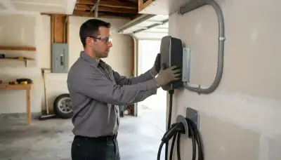 Electrician installs a wall-mounted EV charger and dedicated conduit circuit in a Baton Rouge, LA garage