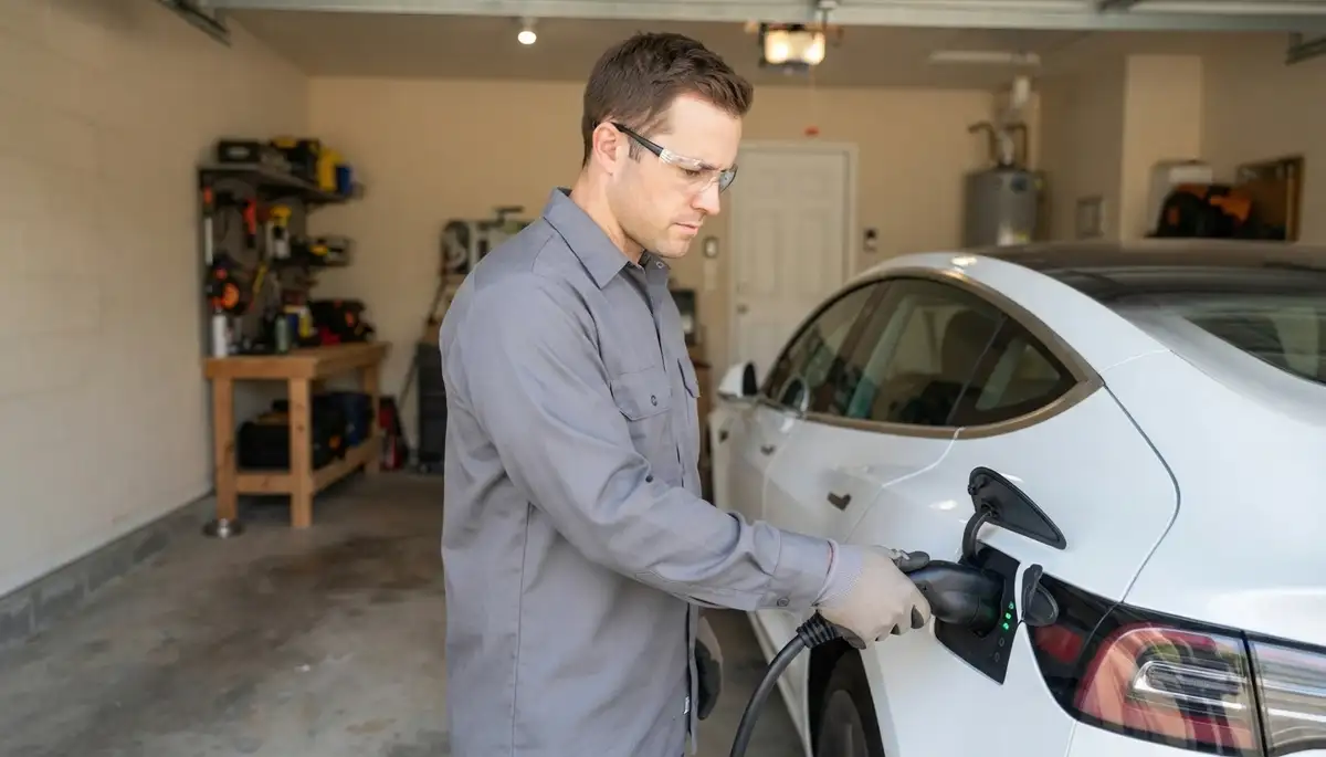 Electrician verifies EV charger by connecting a charging cable to a vehicle in Baton Rouge, LA