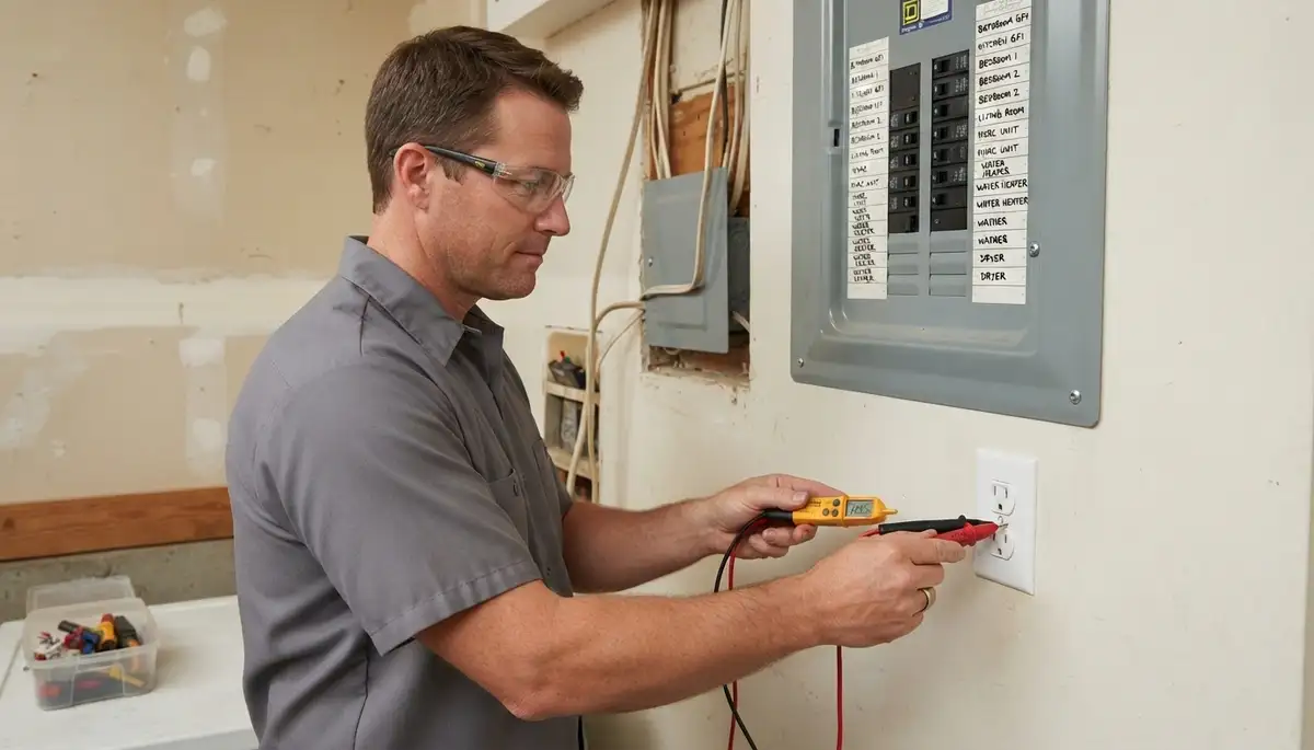 Electrician verifies labeled circuits at an upgraded electrical panel in a Baton Rouge, LA home