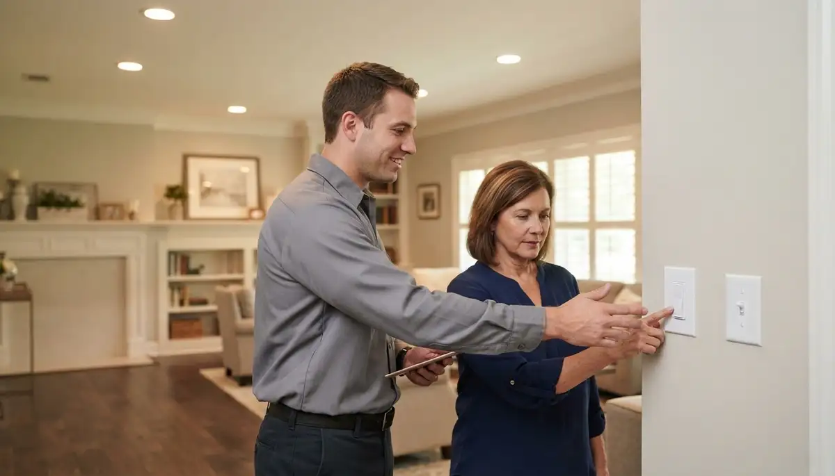 Baton Rouge, LA electrician demonstrates completed lighting installation and dimmer controls to homeowner