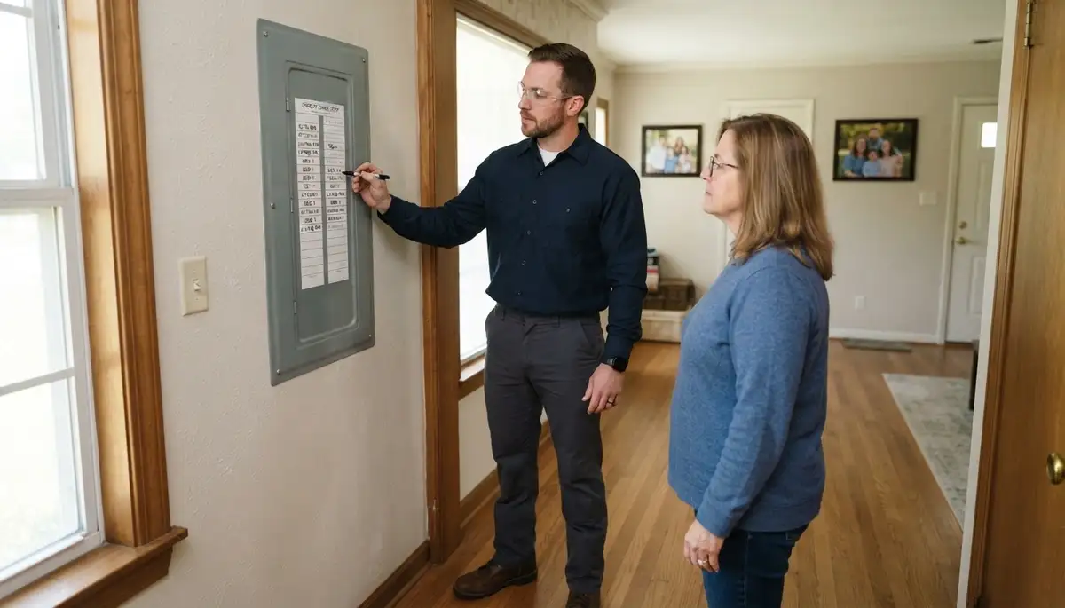 Licensed electrician reviews completed electrical work and circuit directory with Baton Rouge, LA homeowner