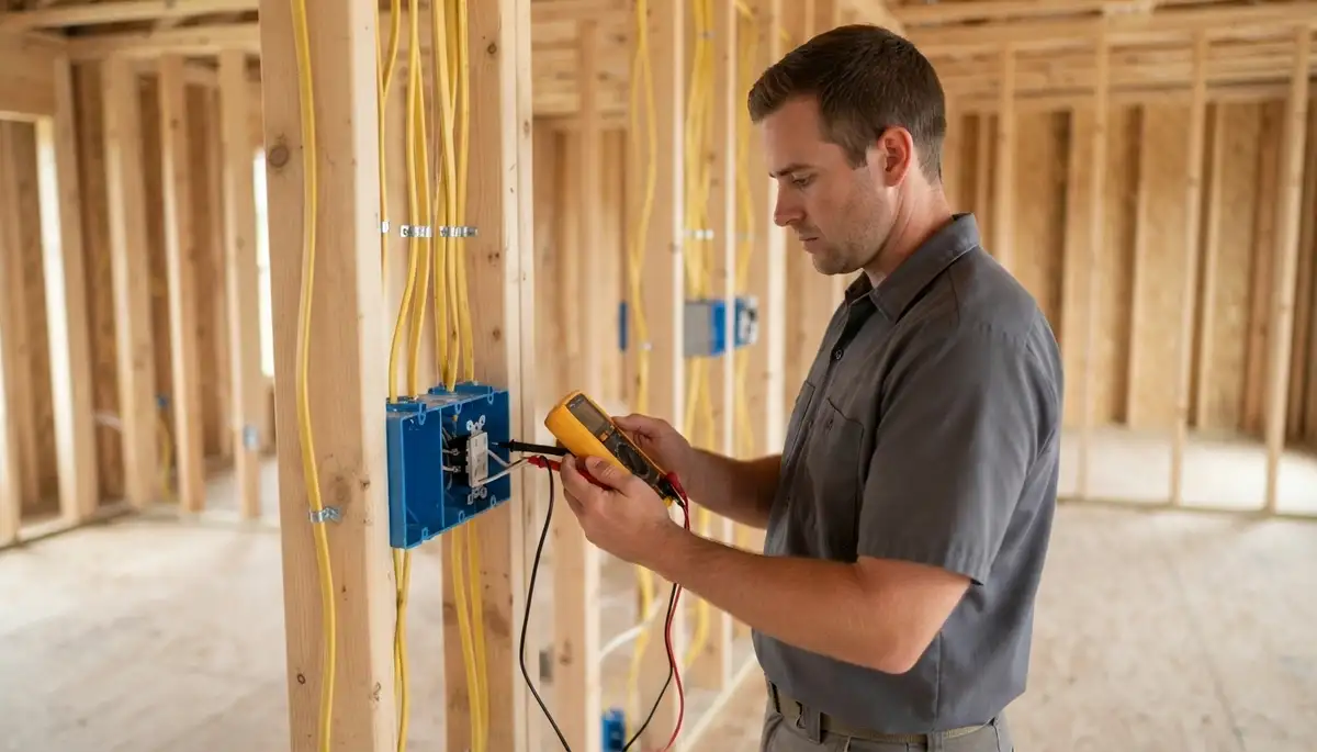 Baton Rouge, LA electrician tests continuity and polarity in new wiring before walls are closed