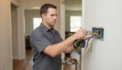 Electrician assesses programmable lighting controls at an open gang box in a Baton Rouge, LA home