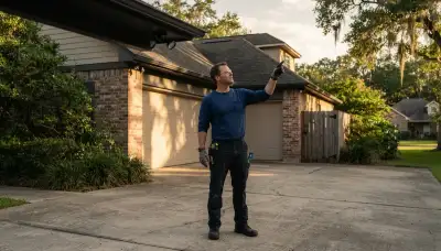 Electrician assesses home entry lighting for security light installation in Baton Rouge, LA
