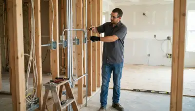Baton Rouge, LA electrician fastening conduit and aligning electrical boxes on wall studs