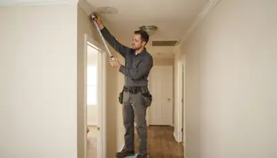 Electrician in Baton Rouge, LA measures hallway ceiling for smoke detector placement near bedrooms