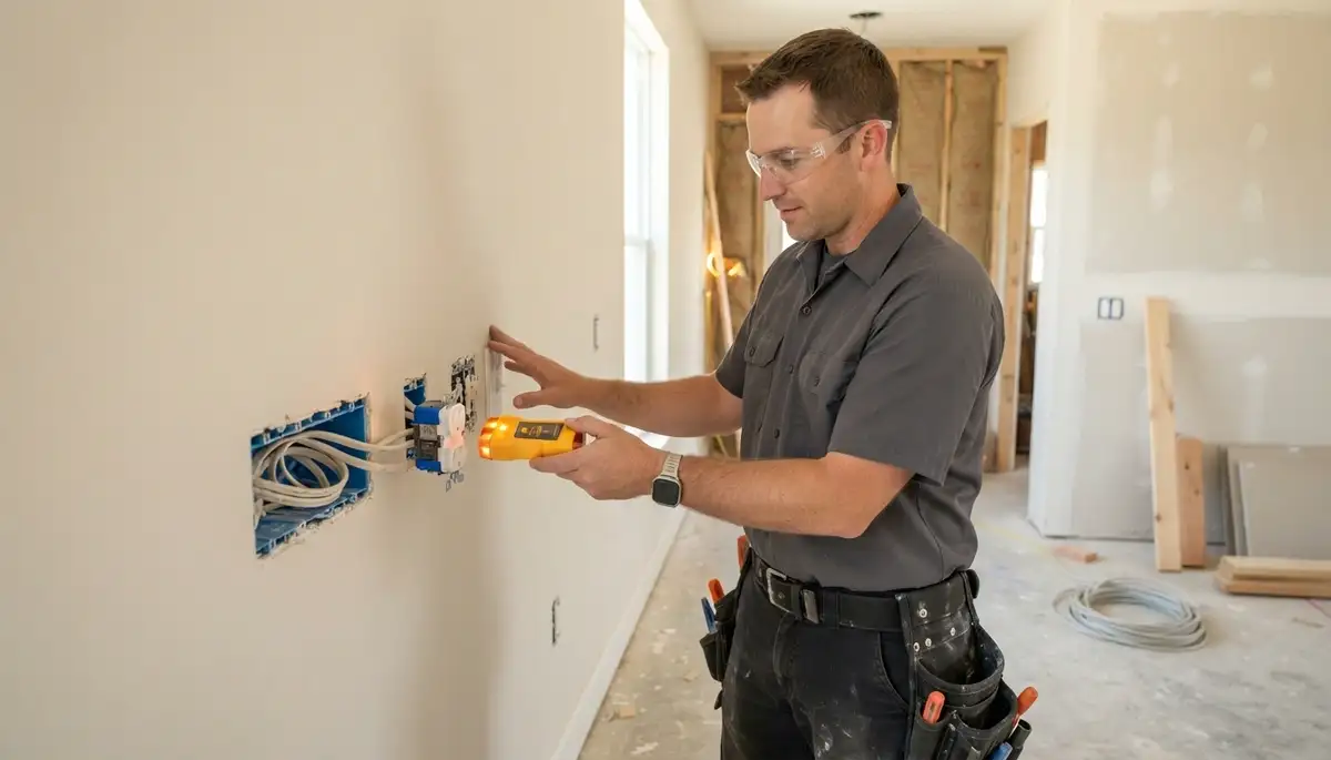 Baton Rouge, LA electrician installs and tests new construction outlets and switches after drywall trim-out