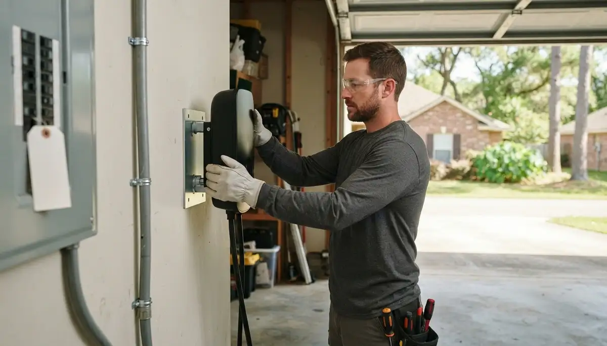 Electrician installs a wall-mounted EV charger on a protected circuit in Denham Springs, LA