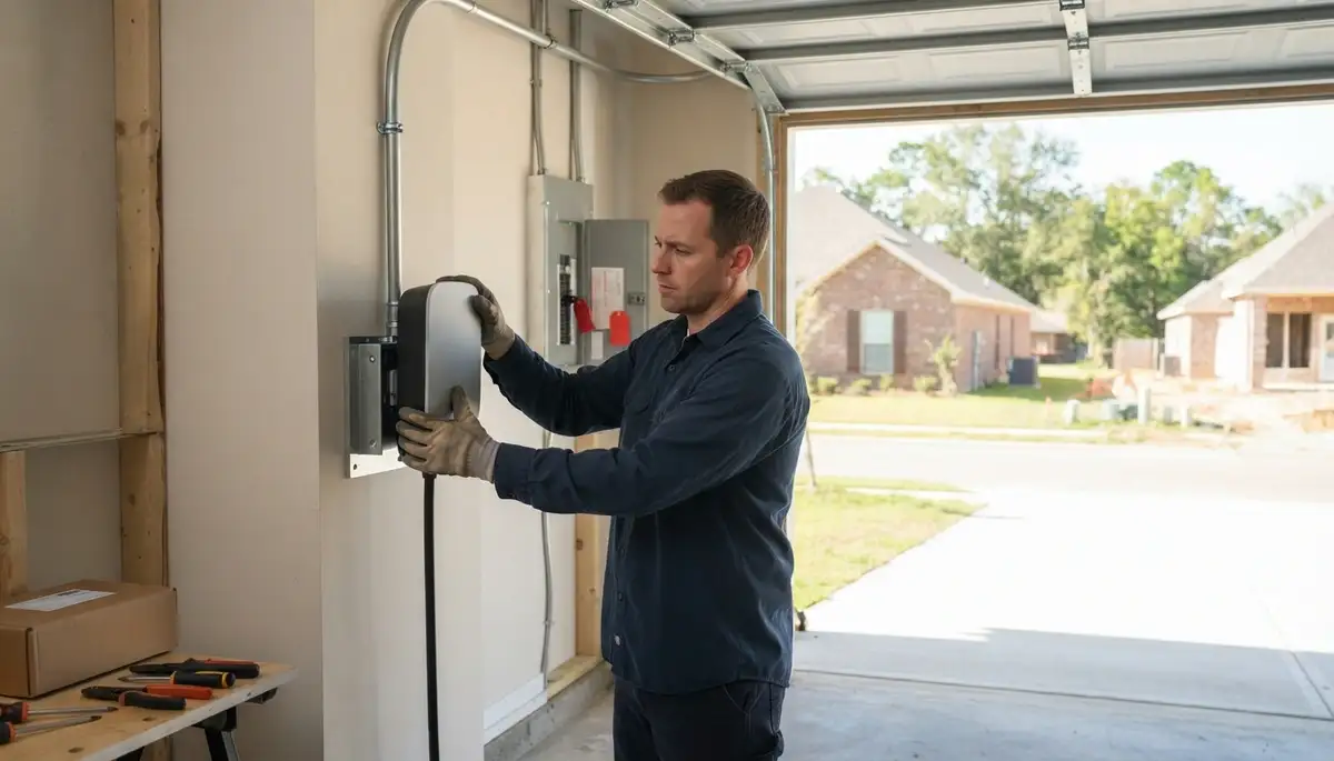 Electric vehicle charger installation with protected conduit at an Erwinville, LA home by an electrician