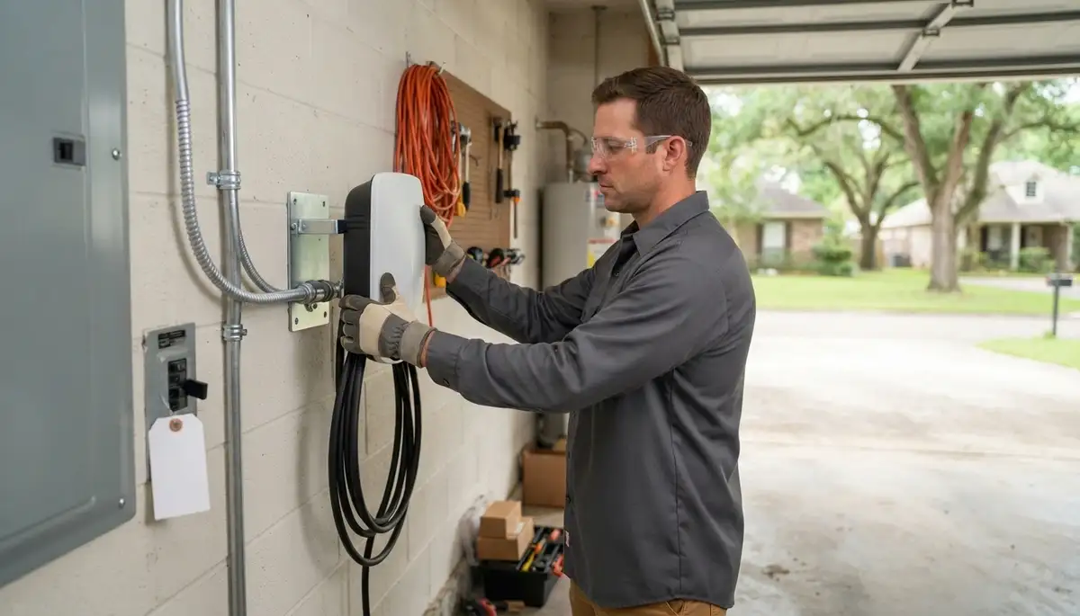 Electrician installs an EV charger with a dedicated circuit for a Grosse Tete, LA home