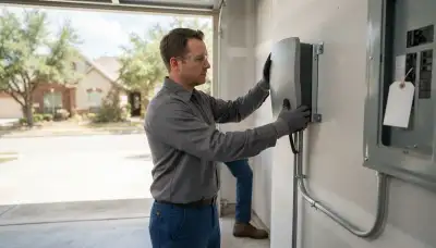 Electrician installing a wall-mounted EV charger with a dedicated circuit in a Rosedale, LA garage