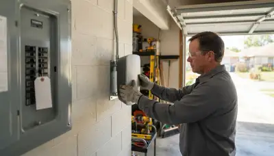 Electrician installing a dedicated EV charger circuit in a Rougon, LA garage