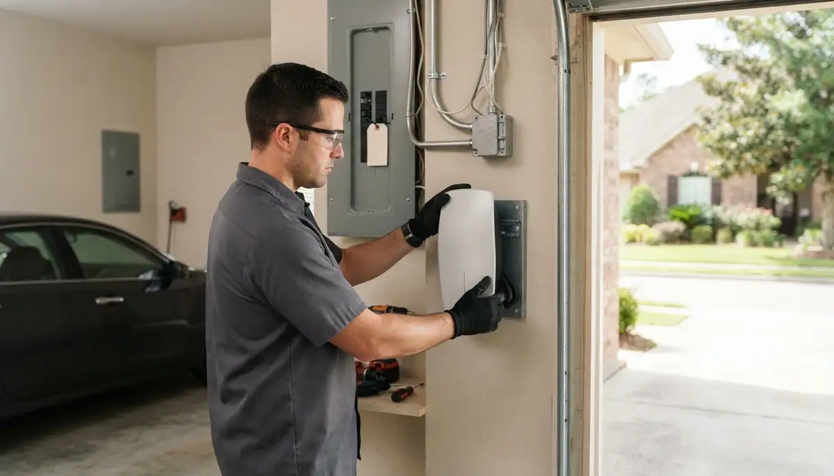 Home EV charger installation in Zachary, LA with dedicated electrical panel wiring by licensed electricians.