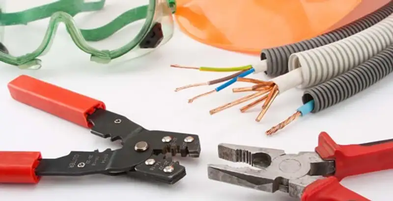 Electrical wiring repair with professional tools and safety equipment in Addis, LA