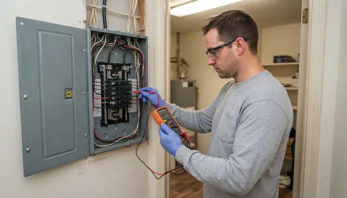 Baton Rouge electrician uses a multimeter to test voltage and polarity after electrical panel installation