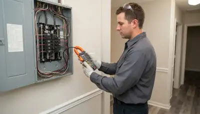 Electrician uses a clamp meter at an open electrical panel for a Baton Rouge, LA home energy audit