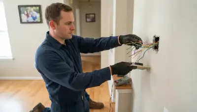 Electrician inspects thermostat control wires in a Baton Rouge, LA home