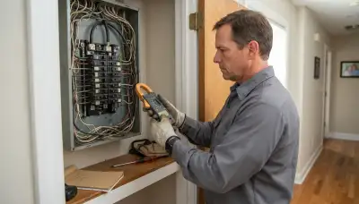 Baton Rouge, LA electrician uses a clamp meter to assess an existing electrical panel for an upgrade