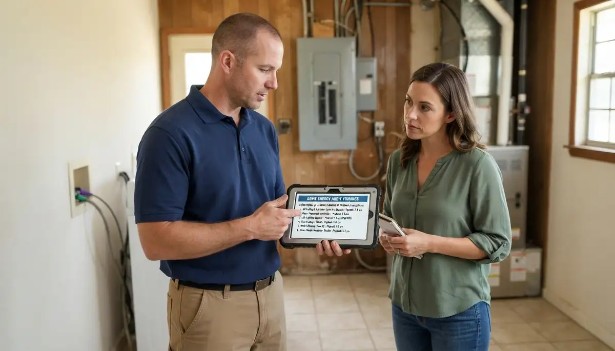 Baton Rouge electrician presents prioritized energy audit findings and recommendations beside electrical panel