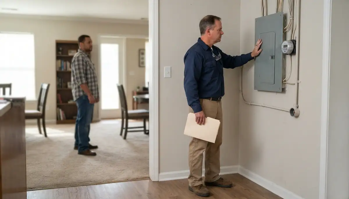 Electrician reviews home electrical inspection findings with Baton Rouge, LA homeowner at electrical panel