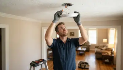 Electrician installing a ceiling light fixture in a Baton Rouge, LA home with power safely disconnected