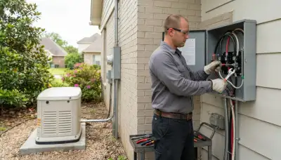 Electrician wiring a generator transfer switch for a Baton Rouge, LA home backup generator