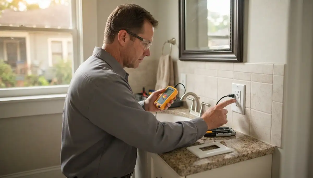 Electrician installing a GFCI outlet for wet-area protection in Baton Rouge, LA