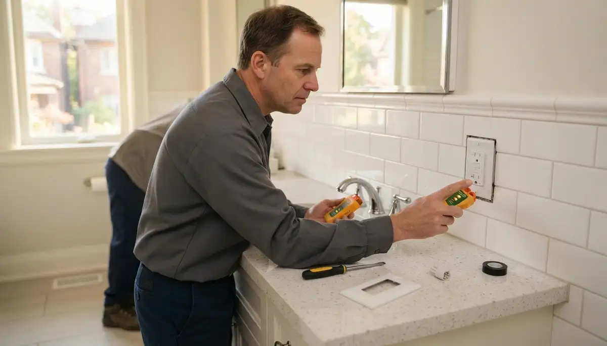 Electrician installs a GFCI outlet near a sink for wet-area protection in Rosedale, Baton Rouge, LA
