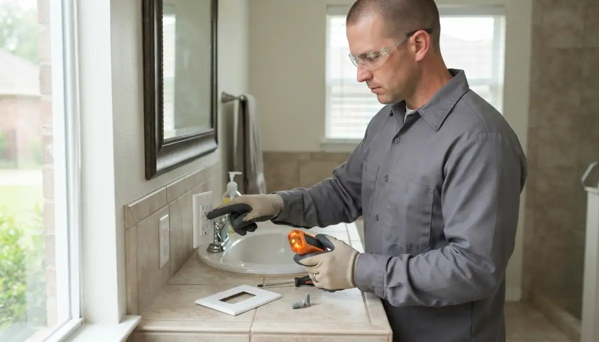 GFCI outlet installation protecting a wet-area bathroom in Rougon, LA