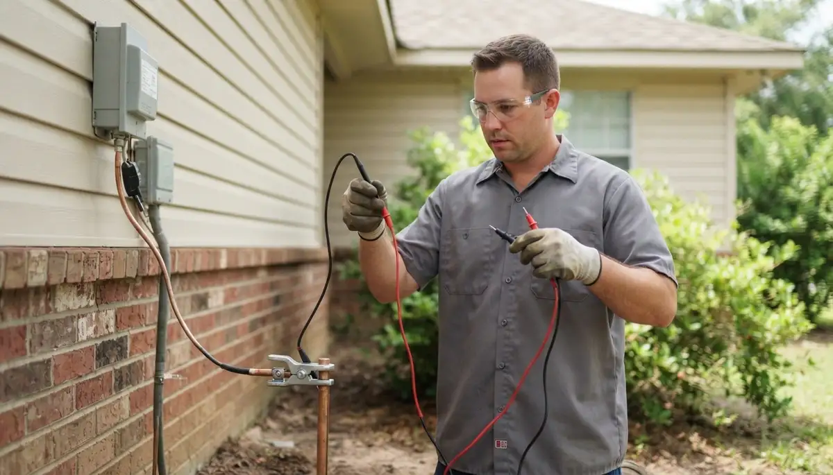 Electrician tests the ground path with a meter for lightning surge protection at a Baton Rouge, LA home