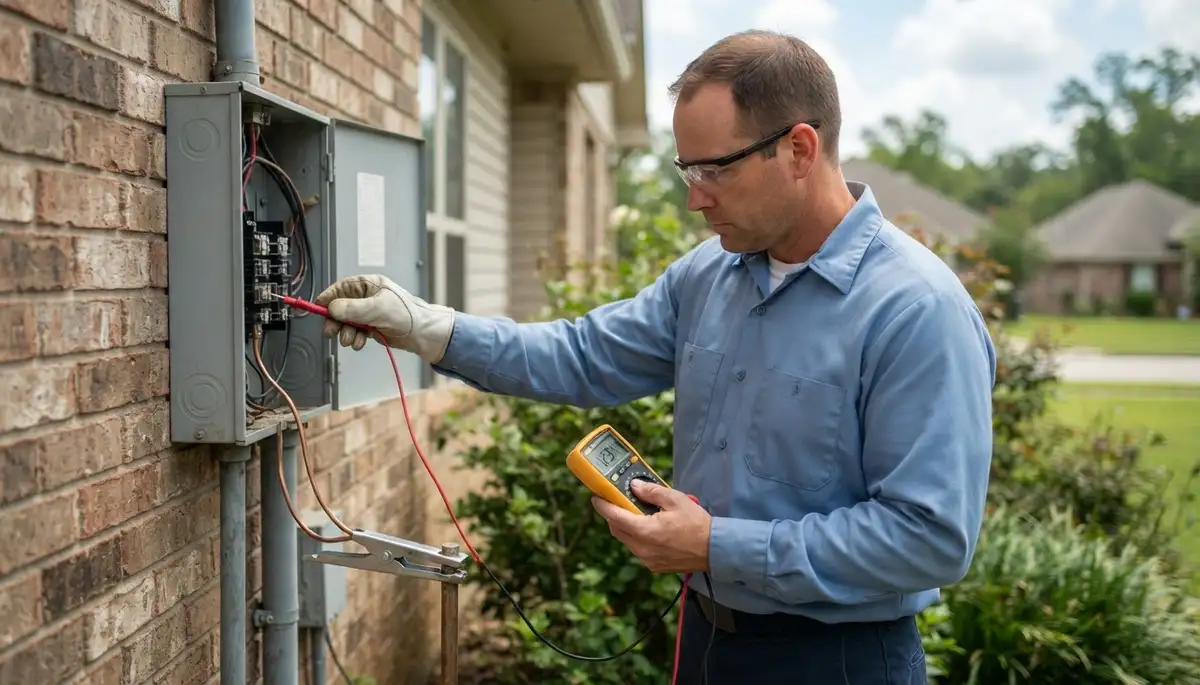 Baton Rouge, LA electrician tests grounding and service voltage with a multimeter for safe electrical service