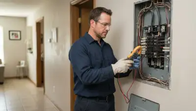 Baton Rouge electrician measures heater circuit load at an open electrical panel with a clamp meter