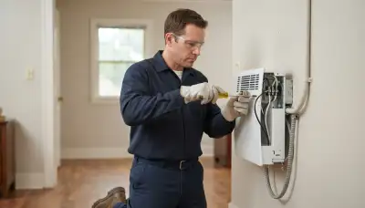 Baton Rouge electrician connects dedicated circuit wires to a wall-mounted electric heater terminal box