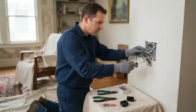 Baton Rouge, LA residential electrician performing locked-off circuit work with drop cloths protecting furnishings