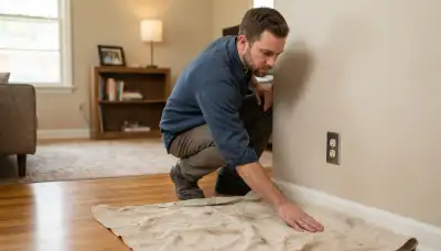 Residential electrician in Baton Rouge, LA protects flooring while assessing an electrical outlet