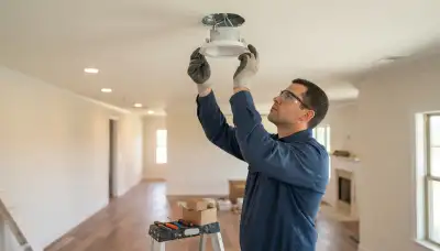 Electrician clips trim rings into recessed light housings in a Baton Rouge, LA home
