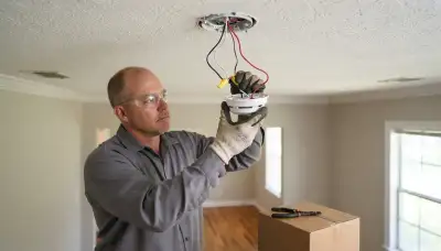 Electrician wiring an interconnected smoke detector to a ceiling base in a Baton Rouge, LA home
