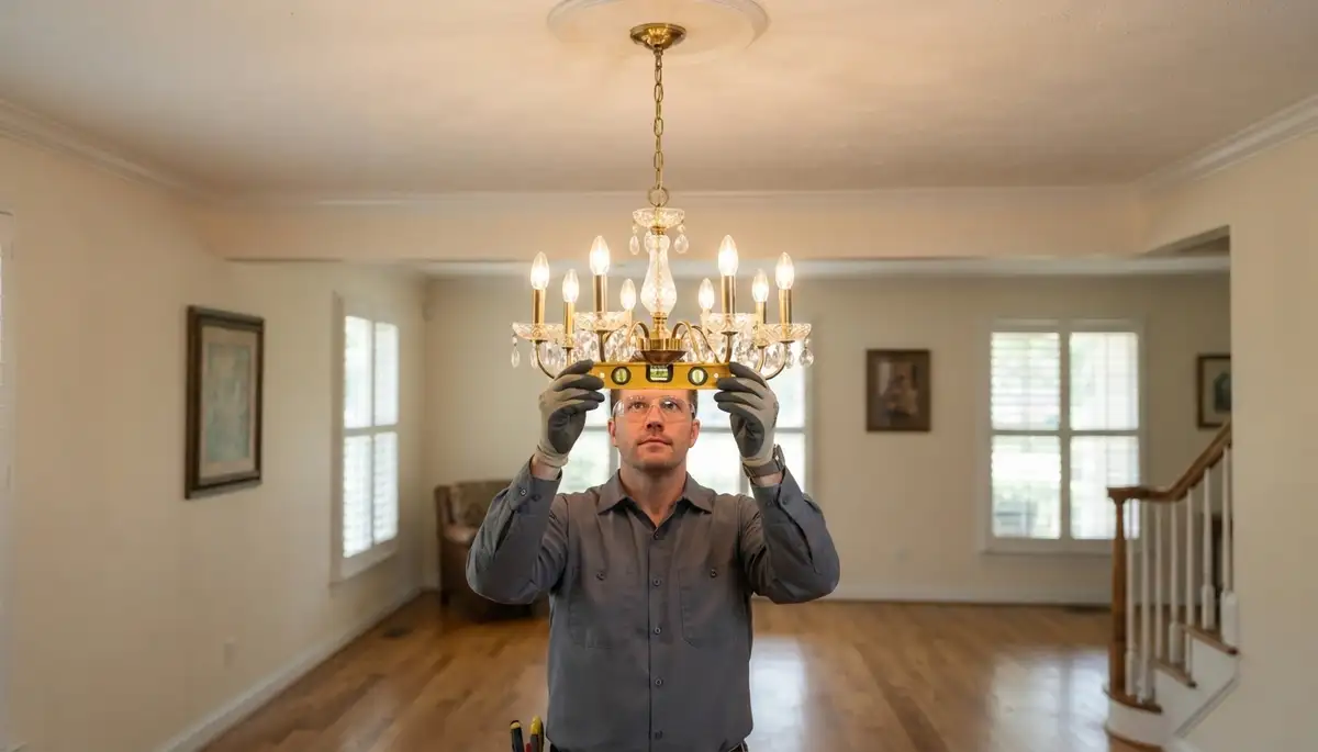 Baton Rouge, LA electrician levels chandelier and tests dimmer during installation