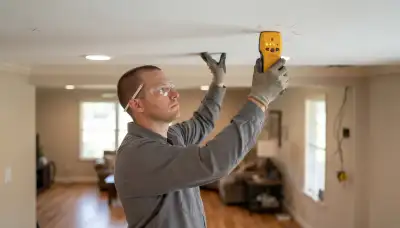 Baton Rouge, LA electrician using a stud finder to mark ceiling locations for lighting installation